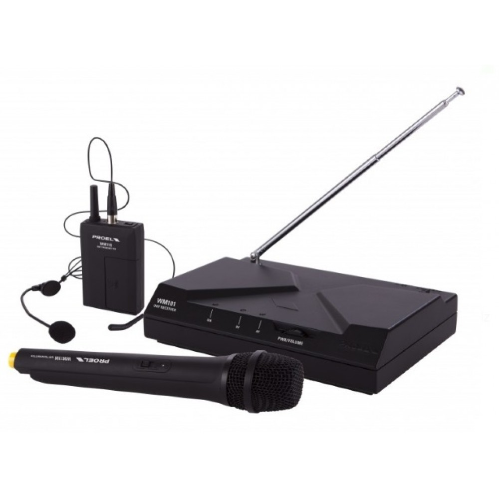 PROEL KIT RADIOMICROFONO PALMARE E HEADSET ARCHETTO UHF WIRELESS FREQUENZA FISSA - WM101KIT